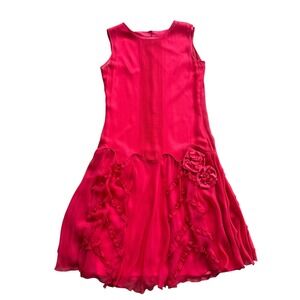 Hartnell Silk Red Sleeveless Drop Waist Ruffle Floral Dress Women Medium Vintage